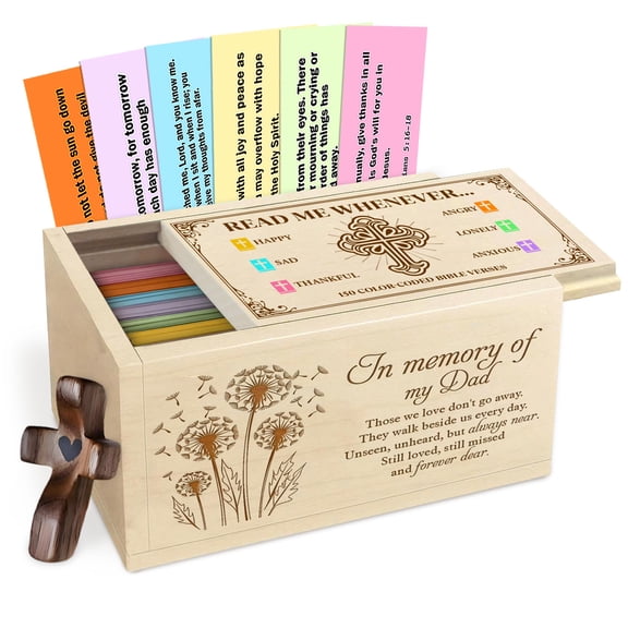 Wooden Bible Verse Prayer Box In Memory of Dad, Memorial Faith Keepsake Box with Scripture Cards and Wooden Cross, Sympathy Christian Gift for Loss and Remembrance