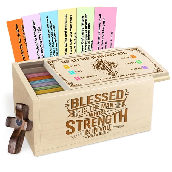 Wooden Bible Verse Prayer Box for Men, Faith Strength Christian Keepsake with Scripture Cards and Wooden Cross, Inspirational Religious Gift for Husband, Dad, or Him