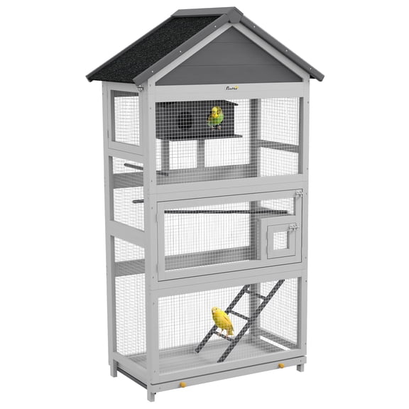 Wooden Bird Aviary, 67" Outdoor Bird Cage with Slide-Out Tray, Three Doors, Birdhouse, Ladder, Perches for Finches, Parakeets, Gray