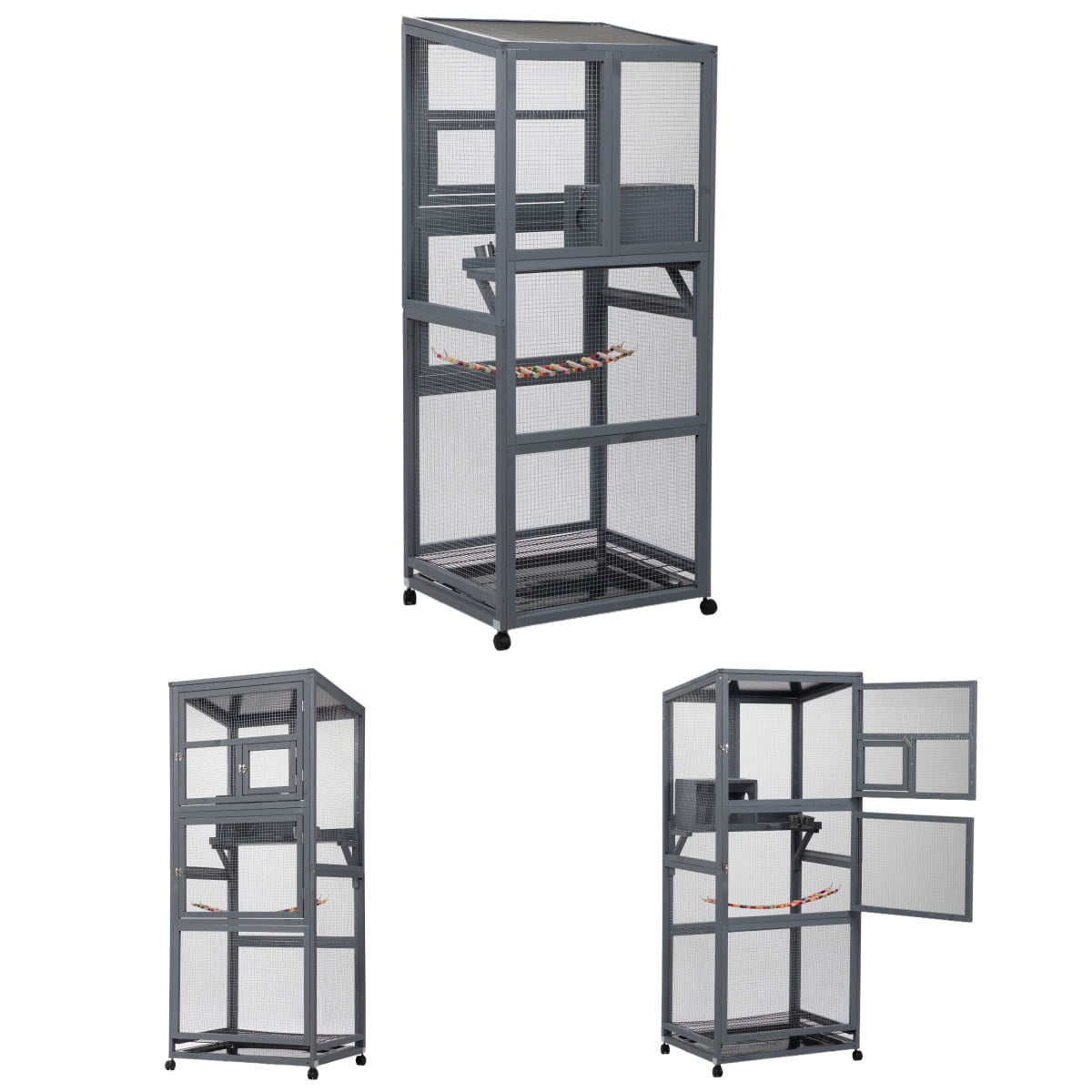 Picture of Wooden Bird Aviary, Outdoor Large Bird Cage On Wheels With Perches ...