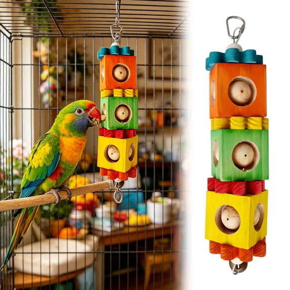 Wooden Bird Chew Toy, Hanging Parrot Foraging Blocks with Bell and Metal Hook, Cage Enrichment Toy for Small to Medium Parakeets Cockatiels Conures Caique
