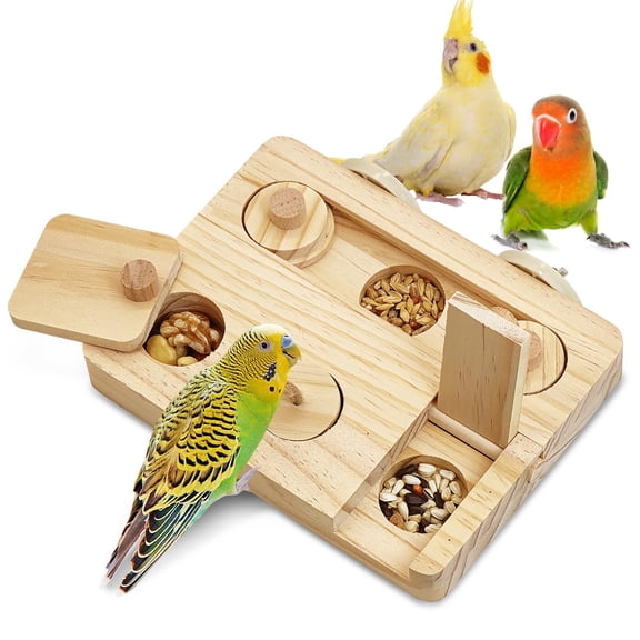 Wooden Bird Foraging Toys with Enrichment Puzzle for Training & Chewing Natural Wood Stand Platform Feeder Cage Accessoriesfor Small and Medium Parrots,Parakeets,Cockatiels,Sun Conures