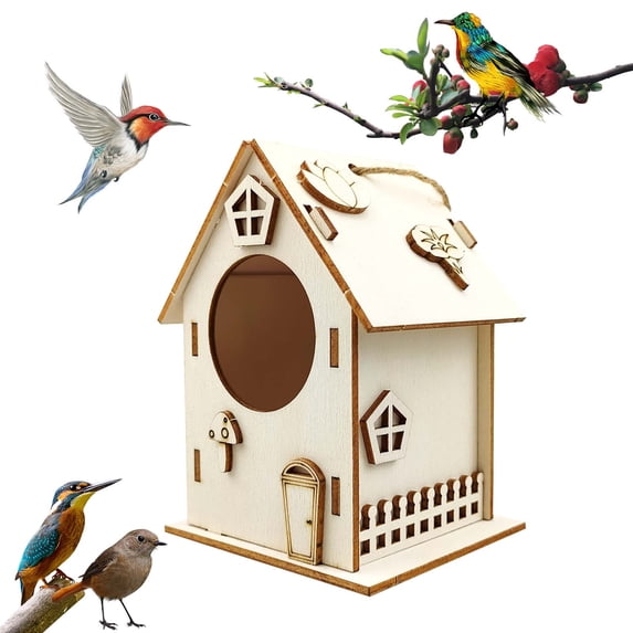 Wooden Bird House – 3.1 x 2.6 x 4.7in Natural Log DIY Hanging Birdhouse with Rope for Outdoor Garden(C)