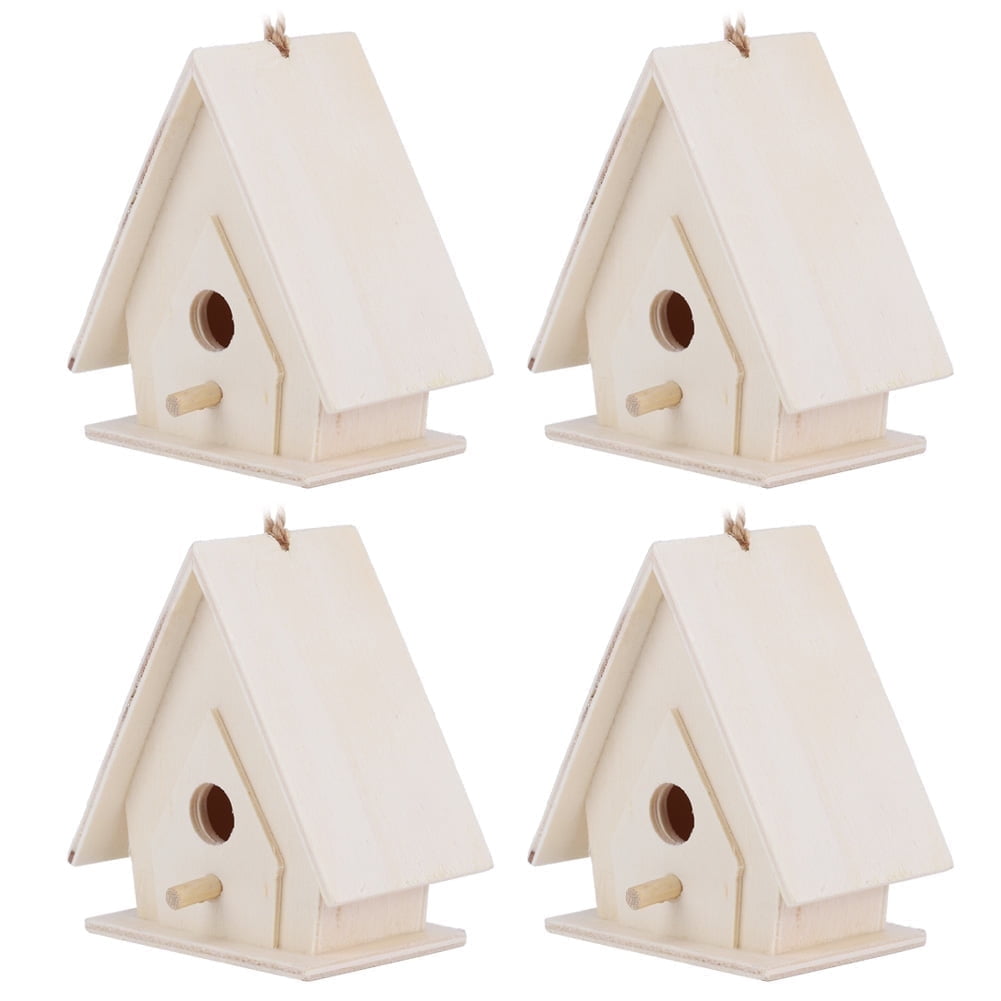 Wooden Bird House, 4Pcs Mini Hanging Wooden Bird House Nests Cage Ornament Crafts for Garden