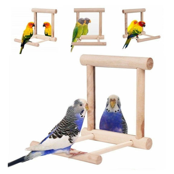 Wooden Bird Mirrors Bird Swing, Parrot Cage Toys, Swing Hanging Play with Mirror for Small Birds Greys Parakeet Cockatoo Cockatiel Conure Lovebirds Canaries Little Macaw African Parrot
