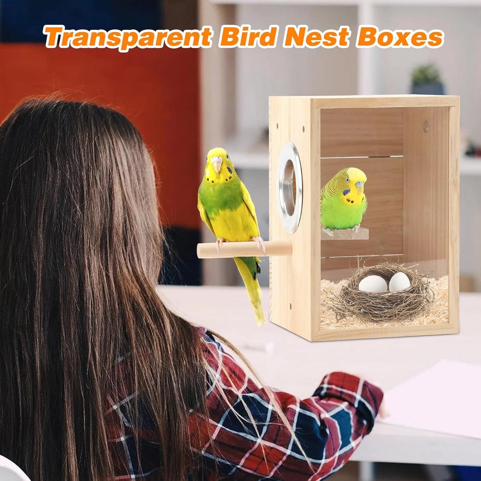 Wooden Bird Nesting Box, Parakeet Breeding Box with Transparent Viewing Window, Bird House for Cage for Budgie, Lovebird, Finch, Cockatiel, Pet Bird Supplies D
