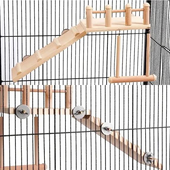 Wooden Bird Perch & Play Set With Swing, Ladder, Platform - Natural Chewable Bird Cage Accessories & Enrichment Toys For Small Birds (Cockatiel, Conure, Budgie, Parakeet)