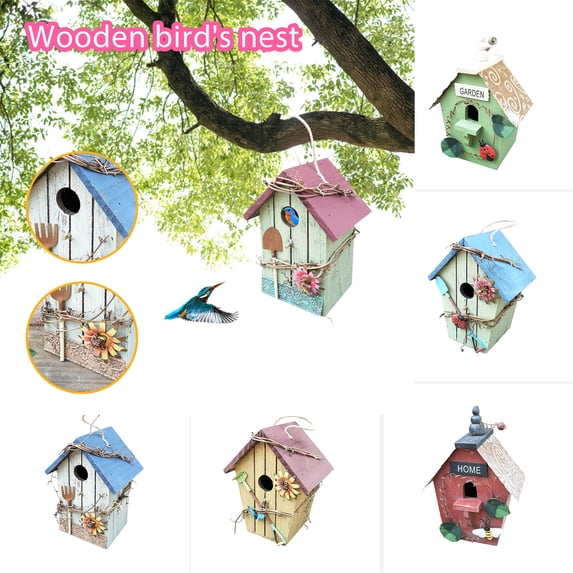 Wooden Birdhouse Hanging for Outdoor Garden Patio Decoration Bird Hut Box for Wren and Sparrow Hummingbird Habitat Wall Mounted Decor, Blue