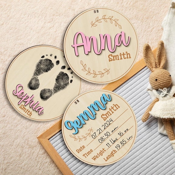 Wooden Birth Announcement Sign, Baby Name & Stats Sign, Personalized Footprint Sign, Newborn Arrival Name Plaque, Custom Baby Announcement