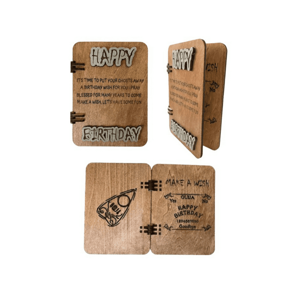 Wooden Birthday Card with Ouija Board Design, 4x6 inches, Hinged Construction