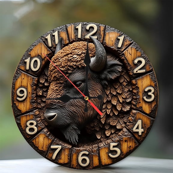 Wooden Bison Clock Wall Decor Rustic Style 10-Inch Silent Wooden Wall Clock, Battery Operated (AA Batteries Not Included), Artistic Home Decor