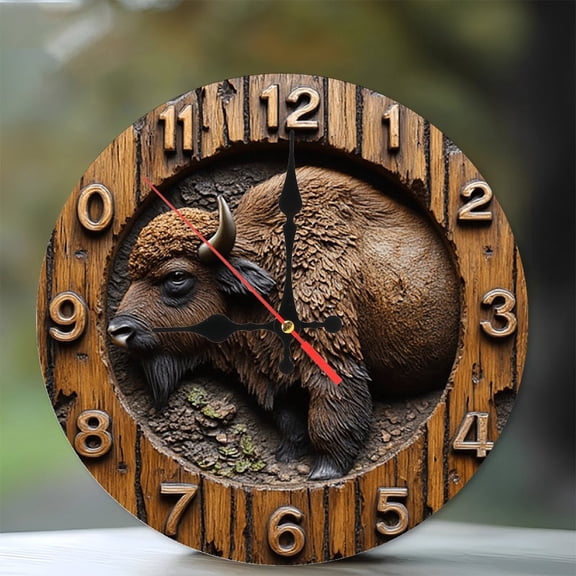 Wooden Bison Wall Clock Rustic Decor Home 10-Inch Silent Wooden Wall Clock, Battery Operated (AA Batteries Not Included), Artistic Home Decor