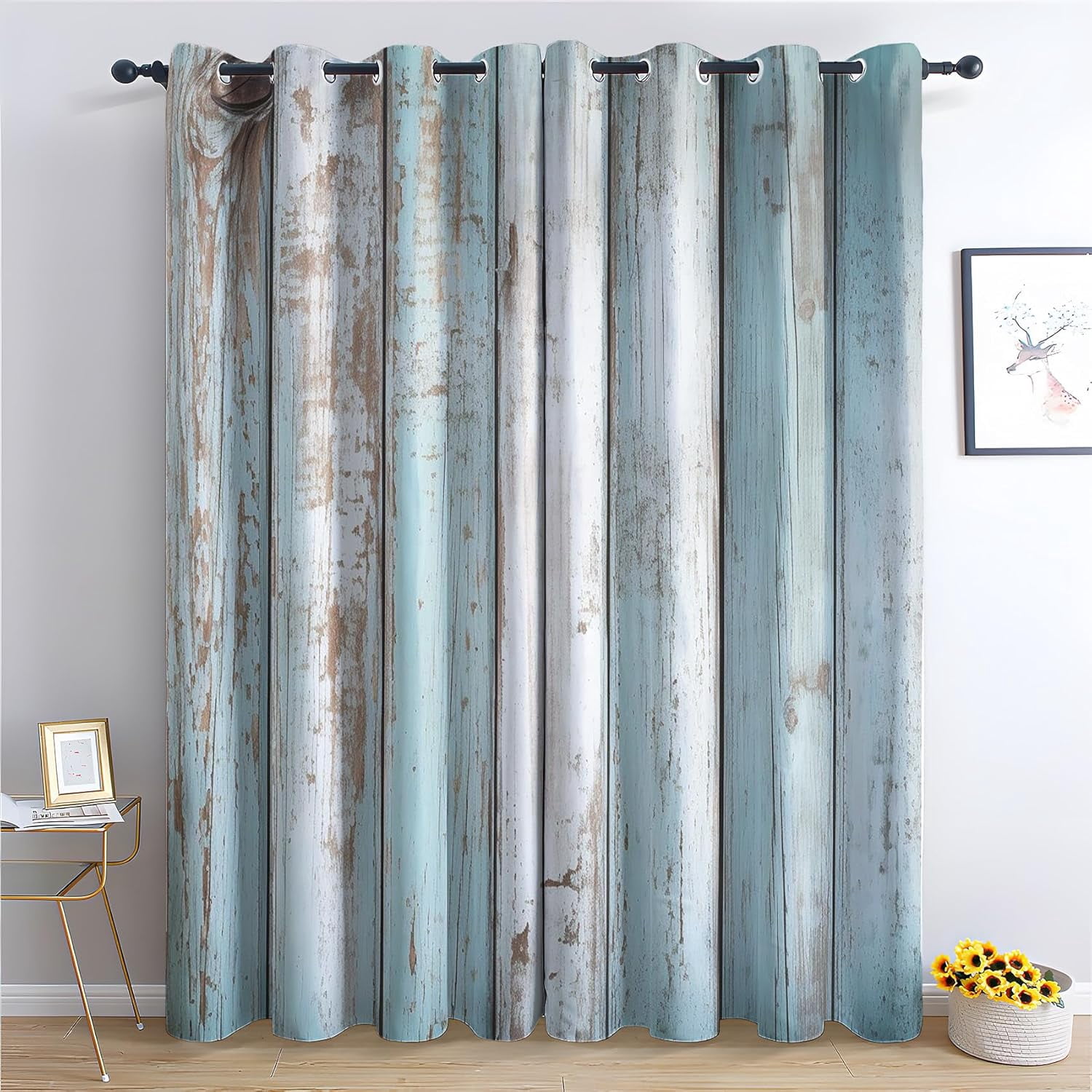 Wooden Blackout Curtains For Bedroom Living Room, Rustic Farmhouse Curtains & Home Decor, Teal Window Curtains, Thermal Room Darkening Grommet Drapes 42"W x 84"L (Pack of 2)