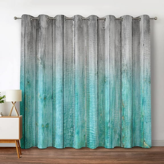 Wooden Blackout Curtains Blue Gradient Wood Board of Farmhouse Village Rural Lodge Nature Retro Decor for Home Bedroom Living Room Grommet Window Drapes 2 Panel Set, 52"x63"