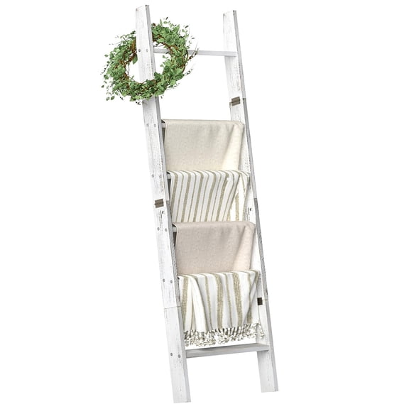 Wooden Blanket Ladder Rack Whitewashed 61.8" H × 18.1" W × 3.5" D Farmhouse Decor