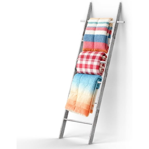 Wooden Blanket Ladder Stand 6-Tier with Removable Hooks Rustic White