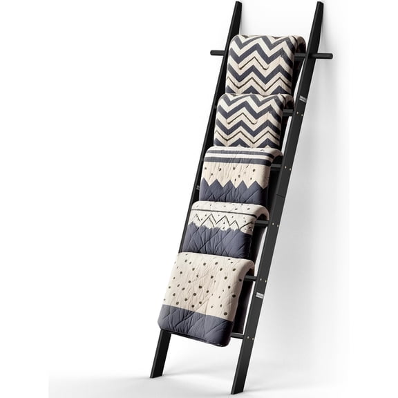 Wooden Blanket Ladder with Removable Hooks 6-Tier Rustic Towel Quilt Display Stand Black