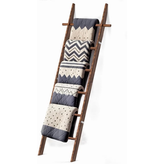 Wooden Blanket Ladder with Removable Hooks 6-Tier Rustic Towel Quilt Rack Stand Dark Brown
