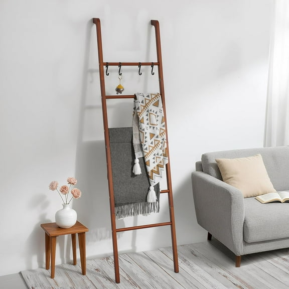 Wooden Blanket Ladder with Shelf for Living Room- Farmhouse Towels and Quilt Rack Decor - Leaning Wall Display Holder for Blankets and Throws