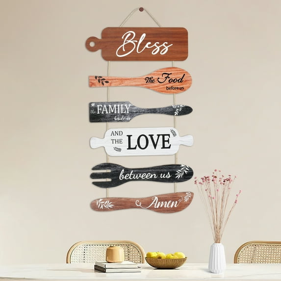 EUWBSSR Wooden Bless Hanging Sign 11.81*21.65in Elegant Farmhouse Kitchen Decorative Sign Vintage Dining Room Wall Art Decor for Home Kitchen Bar