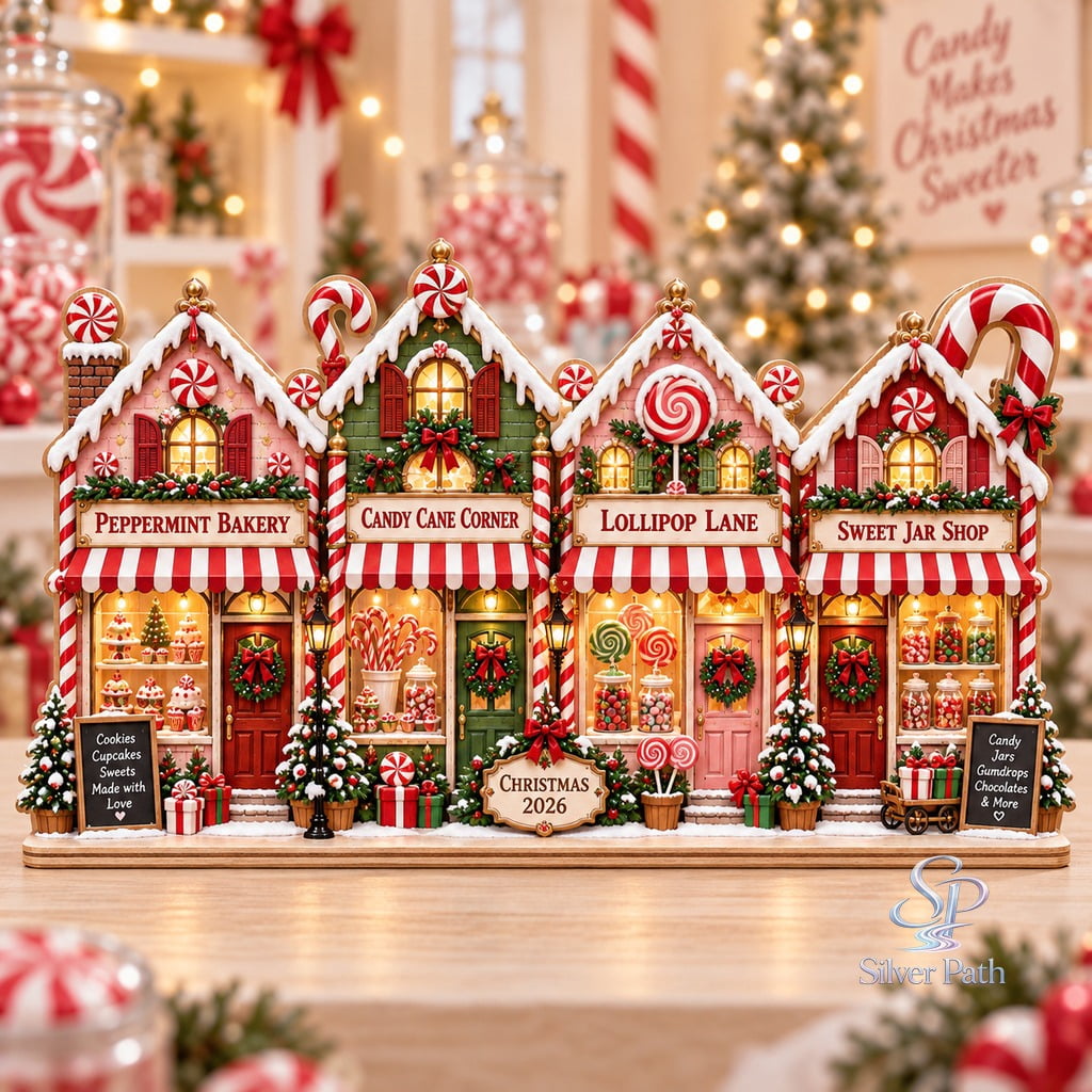 Wooden Block 2 Layer Candy Cane Village, Peppermint Shop Shelf Display ...