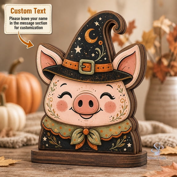 Wooden Block 2 Layer Halloween Pig Witch Decor Wood Tabletop Shelf Accent for Fall Decorating