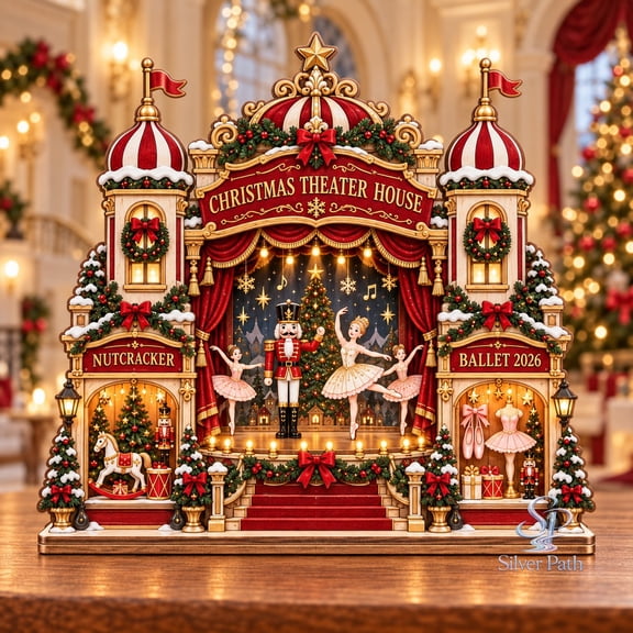 Wooden Block 2 Layer Nutcracker Ballet Theater, Christmas Village Shelf Decor for Holiday Collectors