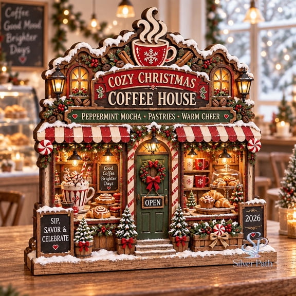 Personalized Wooden Block 2 Layer Shelf Decor, Cozy Christmas Coffee House Gingerbread Village Tabletop Display for Winter Entertaining