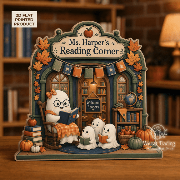 Wooden Block 2 layer Personalized Teacher Reading Corner Flat Wood Desk Sign for Classroom Halloween