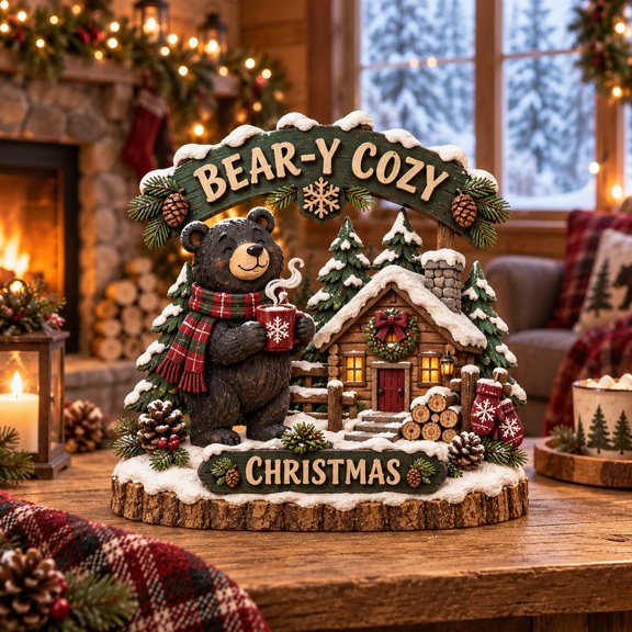 Wooden Block 3 Layer Block Tabletop Display Bear Cabin Christmas Decor