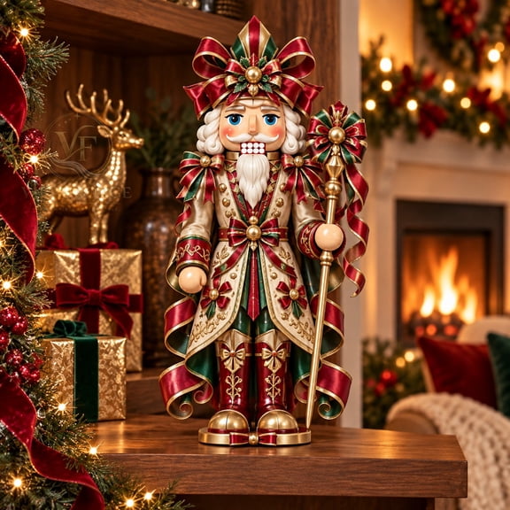 Wooden Block 3 Layer Christmas Nutcracker Ribbon Bow Tabletop Display Holiday Gift