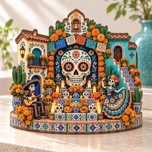 Wooden Block 3 Layer Day of the Dead Skull Decor Display