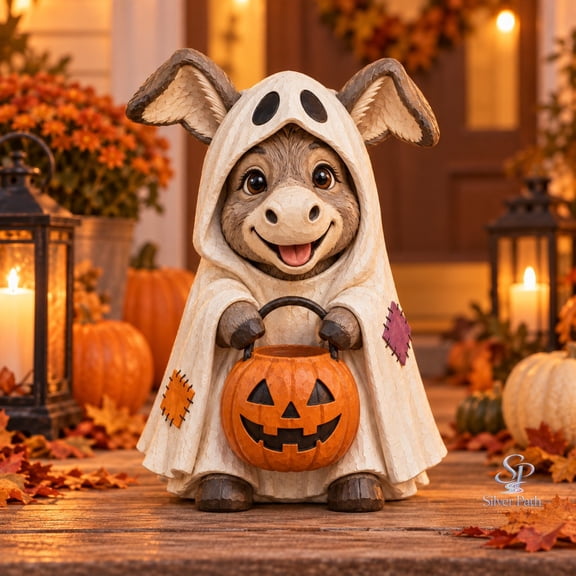 Wooden Block 3 Layer Donkey Ghost Costume Pumpkin Bucket Halloween Shelf Decor