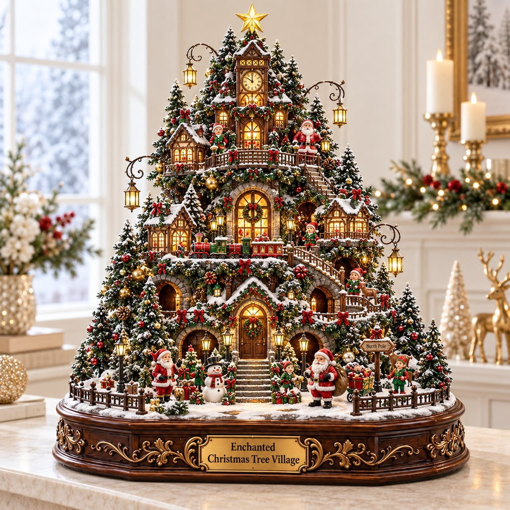 Wooden Block 3 Layer Enchanted Christmas Tree Village Decor for ...