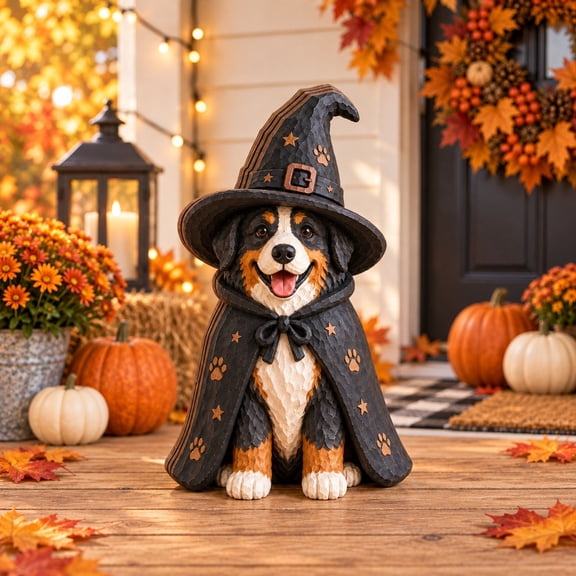 Wooden Block 3 Layer Halloween Bernedoodle Witch Tabletop Display for Dog Lovers