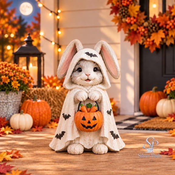 Wooden Block 3 Layer Halloween Bunny Ghost with Carrot Candy Bucket for Fall Porch Display