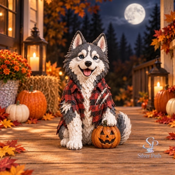 Wooden Block 3 Layer Halloween Dog, Husky in Plaid Shirt Porch Accent for Fall Decor