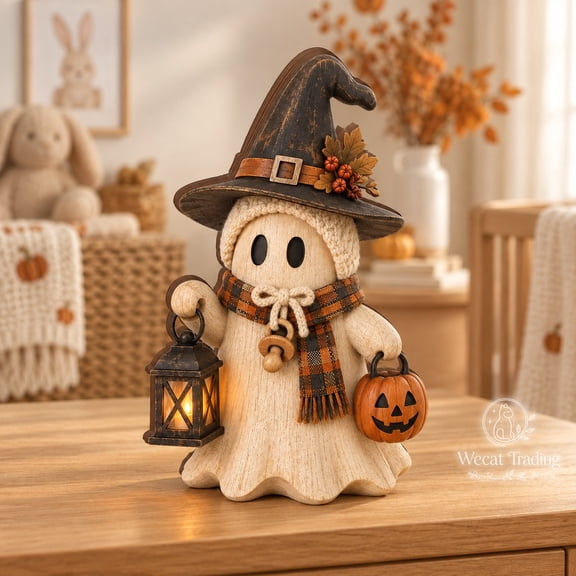Wooden Block 3-Layer Halloween Ghost Witch Figurine for Tabletop Display, Seasonal Gift