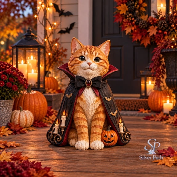Wooden Block 3 Layer Halloween Orange Tabby Vampire Porch Accent for Cat Lovers