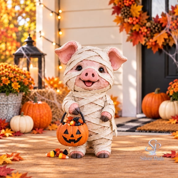 Wooden Block 3 Layer Halloween Pig Mummy, Porch Display for Fall Candy Lovers