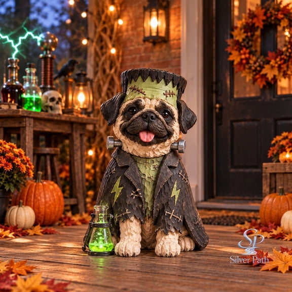 Wooden Block 3 Layer Halloween Pug Frankenstein for Fall Porch Display, Spooky Dog Lover Gift