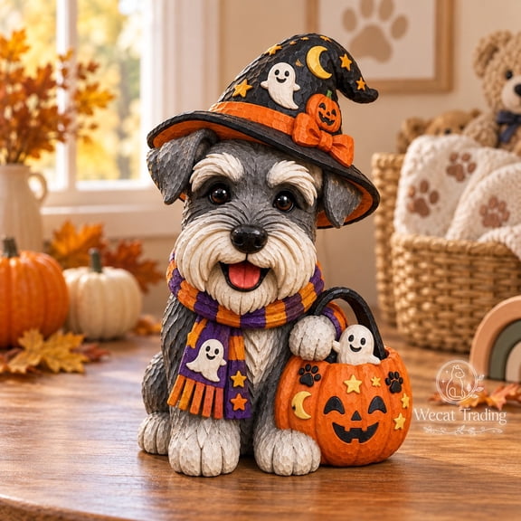 Wooden Block 3 Layer Halloween Schnauzer Pumpkin Figurine, Tabletop Display for Dog Lovers