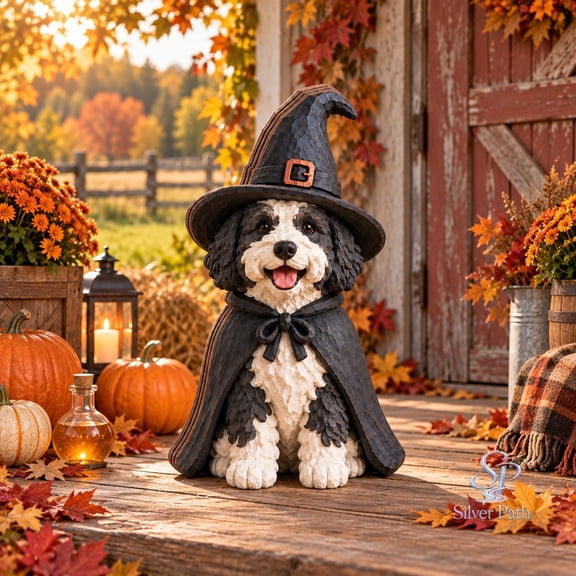 Wooden Block 3 Layer Halloween Witch Dog, Bernedoodle in Black Cape for Porch Display, Fall Pet Lover Gift