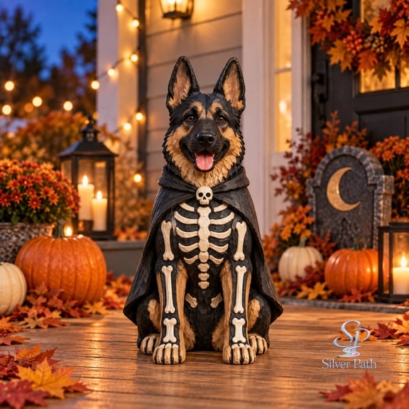 Wooden Block 3 Layer Halloween Witch German Shepherd Skeleton, Porch Decor for Canine Lovers