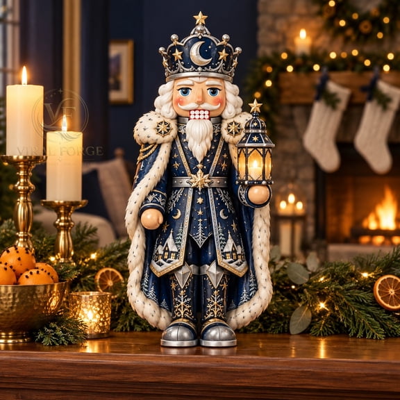 Wooden Block 3 Layer Midnight Blue Nutcracker Christmas Eve Mantel Display for Holiday Hosts