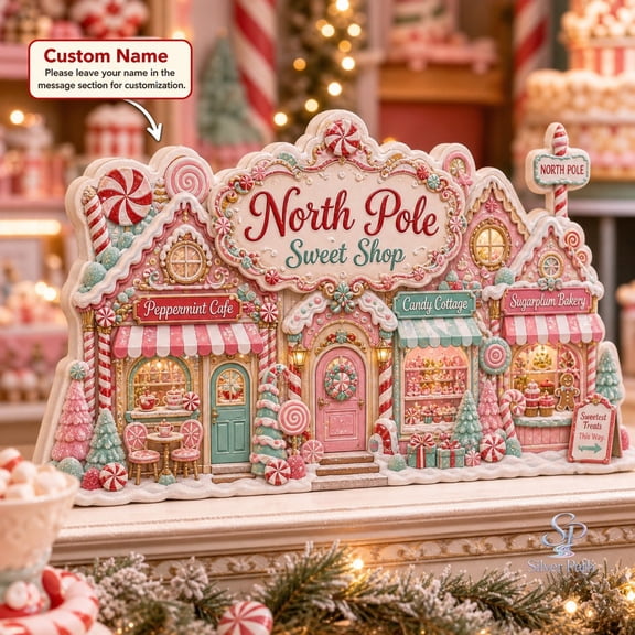 Wooden Block 3 Layer North Pole Sweet Shop Wood Shelf Decor for Christmas Mantels and Holiday Hosts