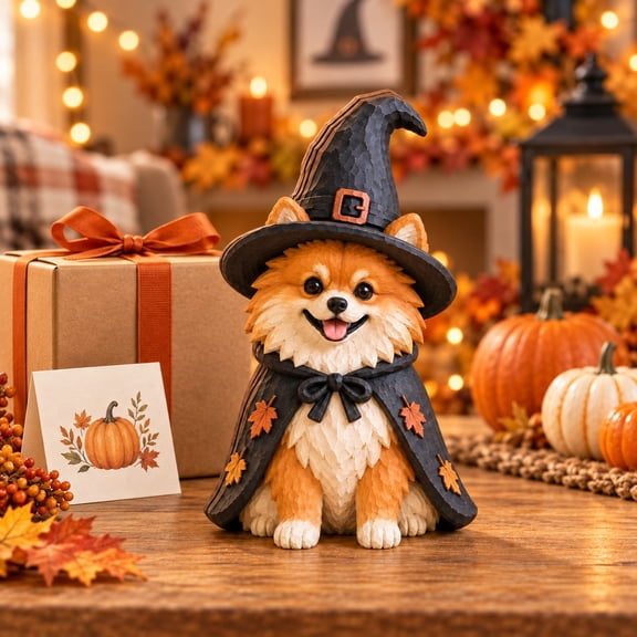 Wooden Block 3 Layer Pomeranian Witch Halloween Tabletop Accent for Dog Lovers