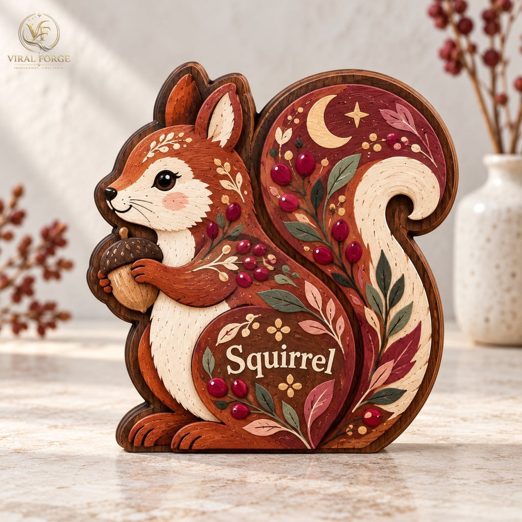 Wooden Block 3 Layer Squirrel Floral Design Decor Ornament for Home ...