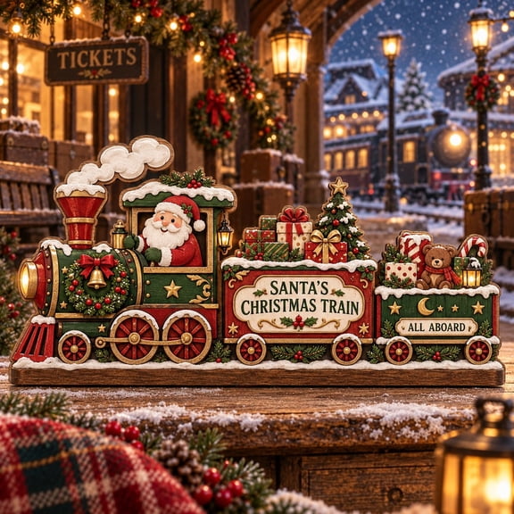 Wooden Block 3 Layer Tabletop Display Santa's Christmas Train