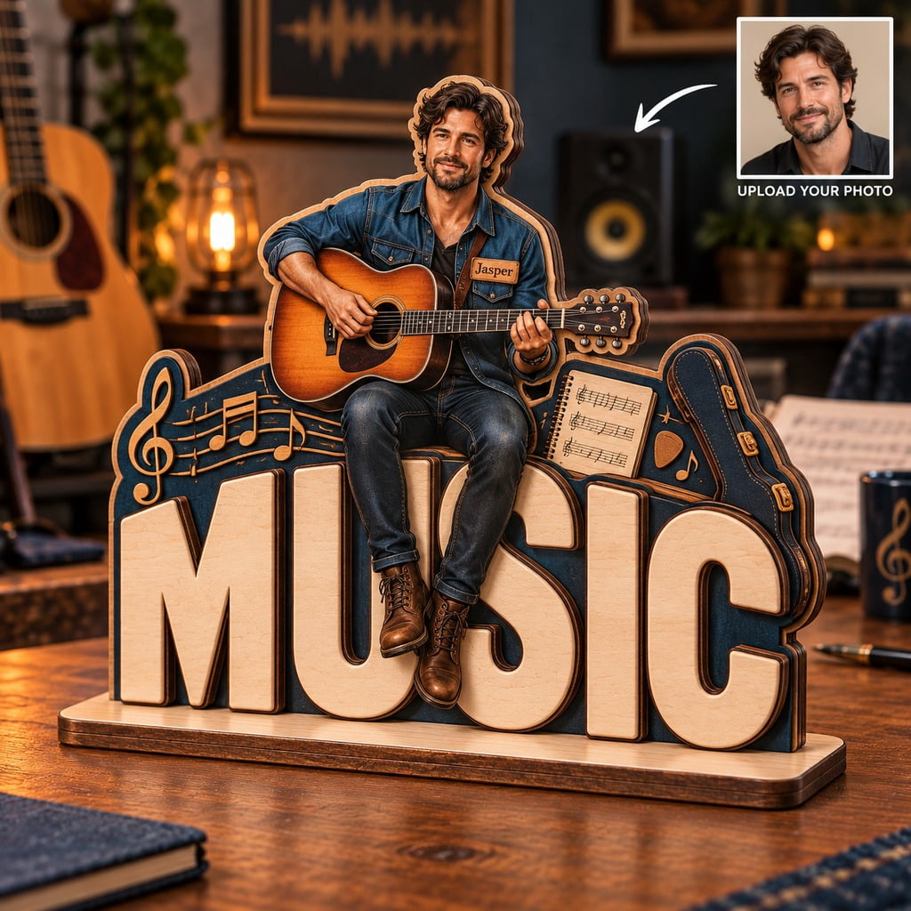 Wooden Block Acoustic Guitar Music Theme, Tabletop Studio Display for ...